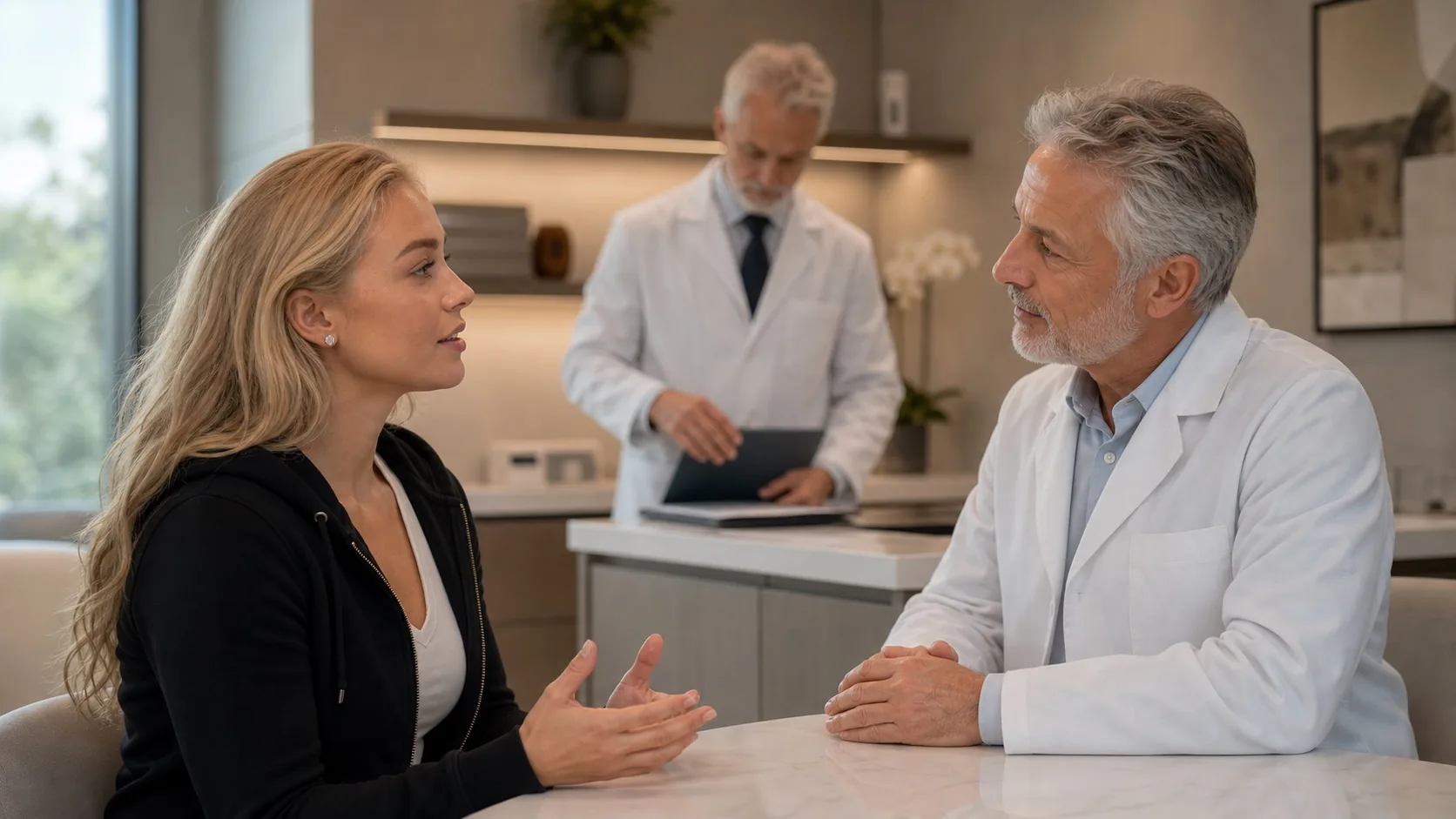 Symbolische Szene: Zwei Fachpersonen besprechen mit einer erwachsenen Person neutrale Unterlagen.