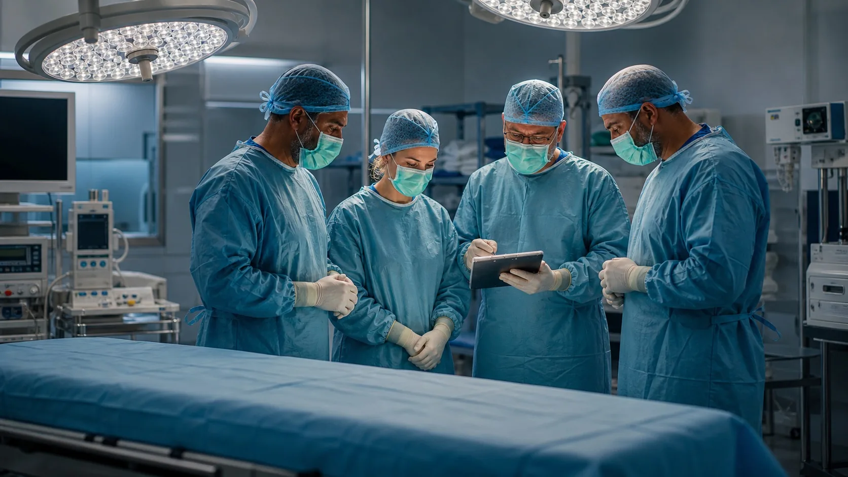 Symbolische Szene: Ein klinisches Team bespricht vor einem Eingriff Sicherheitsaspekte; kein Patient ist sichtbar.