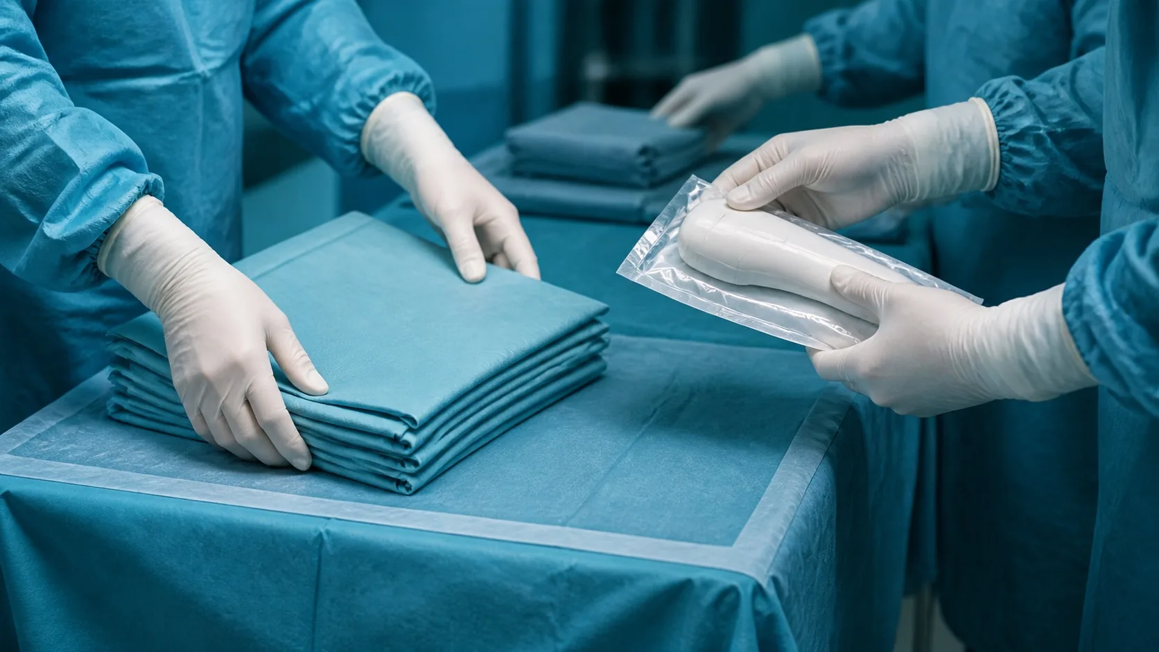 Symbolische Nahaufnahme: Hände prüfen sterile Abdeckungen und ein versiegeltes unmarkiertes Gerät ohne Körperkontakt.