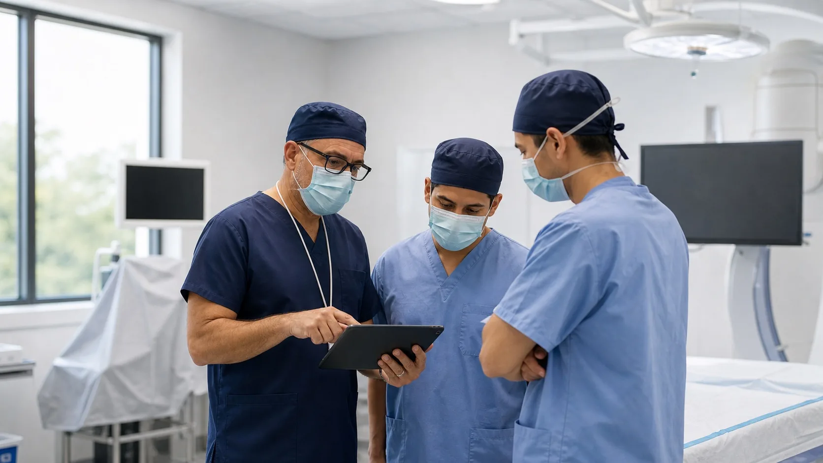 Symbolische Szene: Ein klinisches Team führt vor einem möglichen Eingriff eine ruhige Bereitschaftsbesprechung.